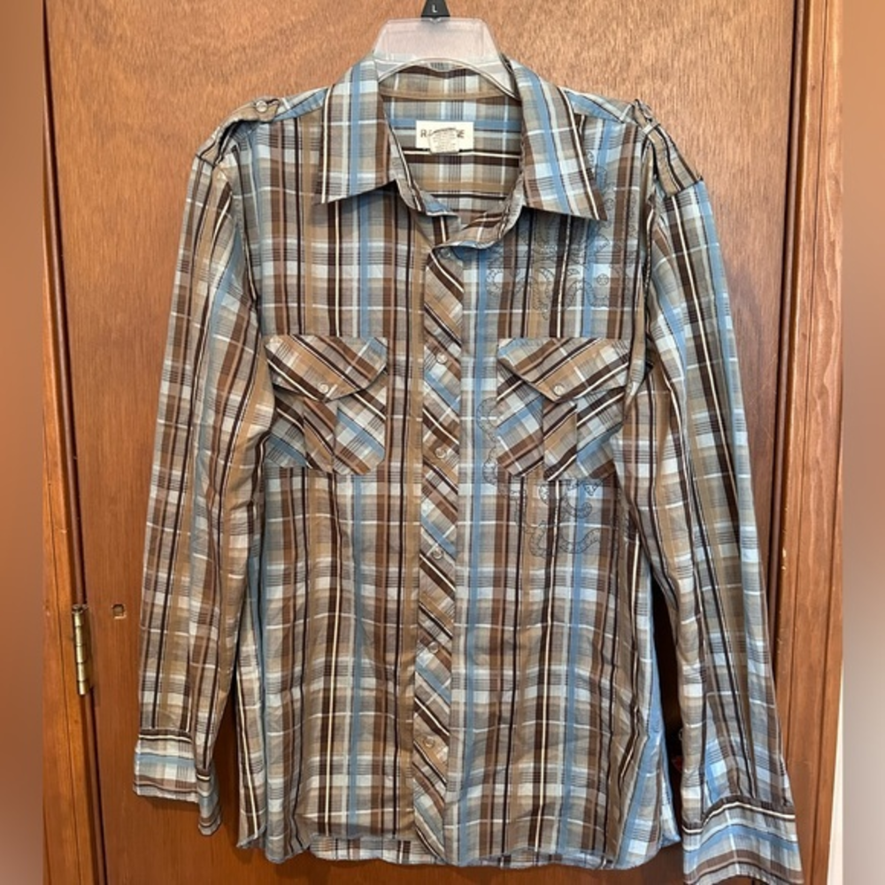 R-Vintage Blue Brown Plaid Ink Print Western‎ Snap Shirt XL